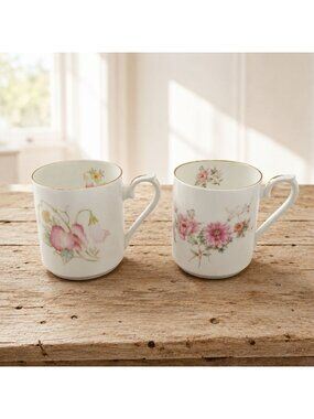 Springfield Floral Mugs Set of 2 Gold Trim England Vintage 4.1"